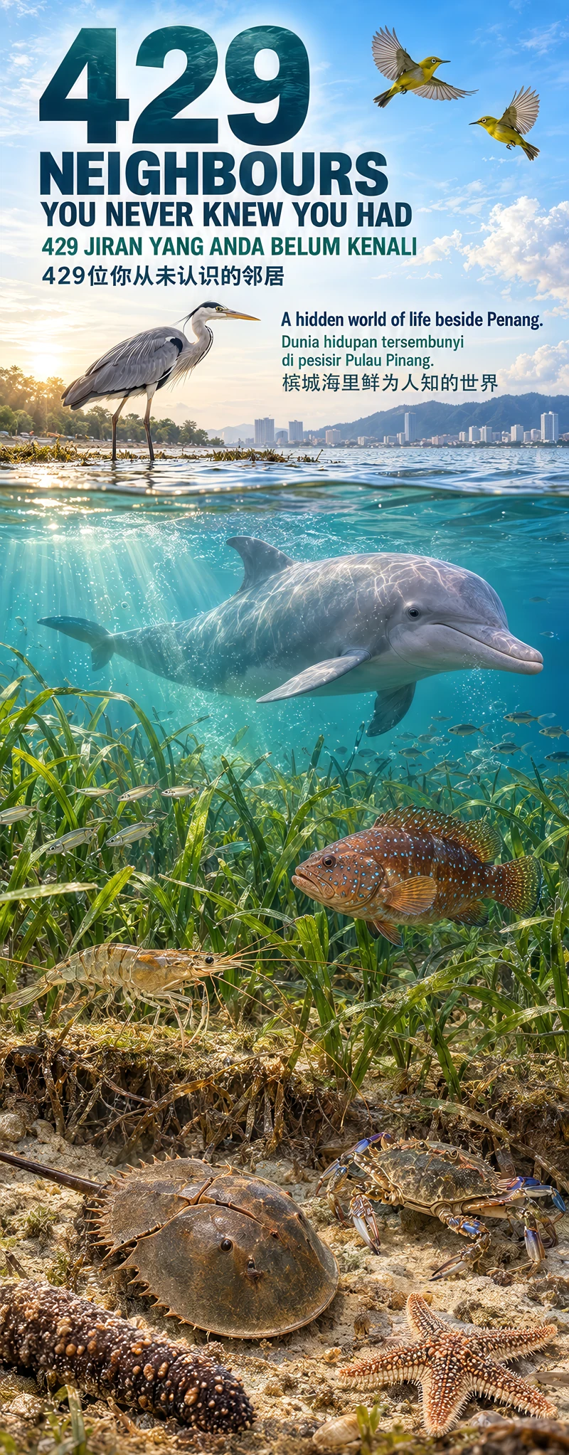 AI-generated poster reading “429 neighbours you never knew you had”, with Malay and Chinese translations. Birds appear above a coastal scene; a dolphin, fish, seagrass, a prawn, a crab, a horseshoe crab, a sea cucumber and a starfish appear below the water.