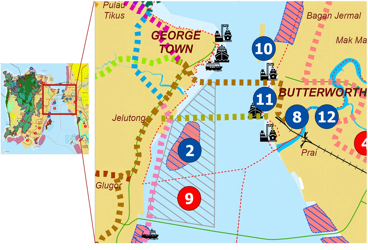 Supplied Pelan 6.1 location detail with an overview inset and enlarged Penang Strait map, showing blue project marker 2 near Jelutong and Glugor and pink areas with blue diagonal hatching.