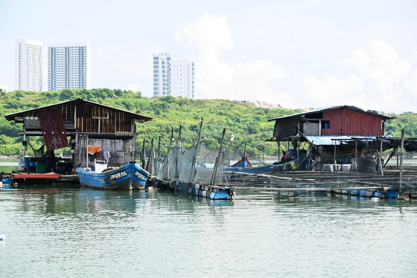 Floating aquaculture cages, small boats and wooden shelters near the Jelutong coastline.