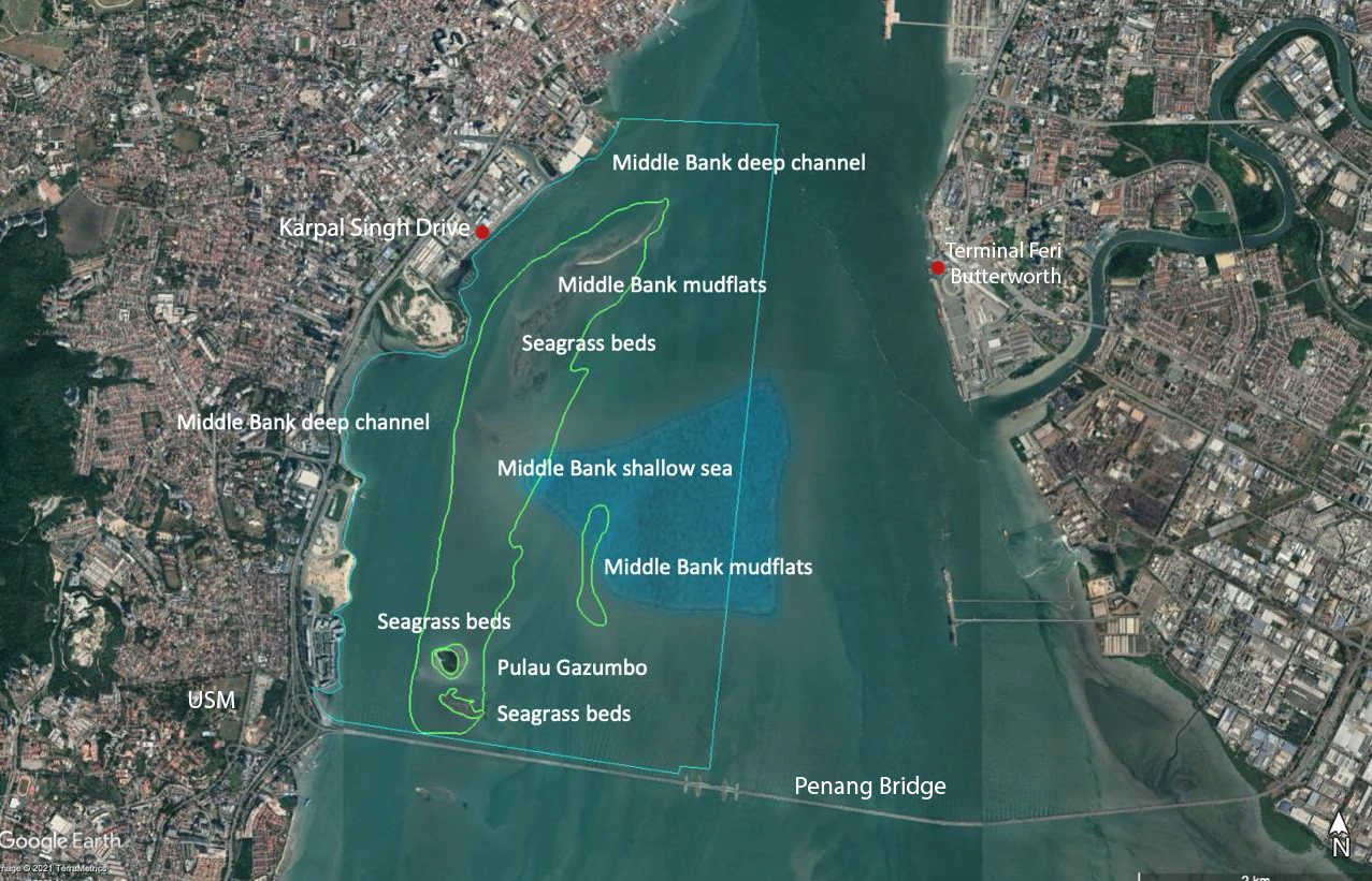 Satellite map of Middle Bank habitats with added landmarks for Karpal Singh Drive, USM, Butterworth ferry terminal and the Penang Bridge.
