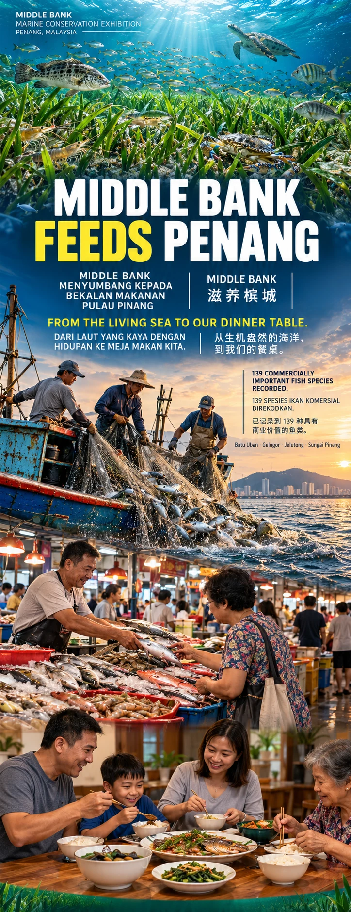 AI-generated poster headed “Middle Bank feeds Penang”, with Malay and Chinese text. It shows seagrass and marine animals, fishers hauling a net, a seafood market and a family sharing a meal.