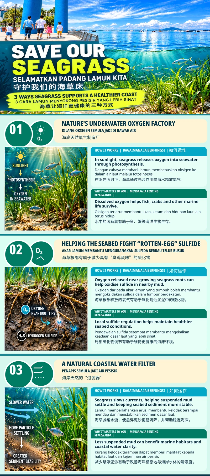AI-generated trilingual infographic titled “Save our seagrass”, showing three processes: photosynthesis releasing oxygen, oxygen near growing root tips helping oxidise sulfide, and seagrass slowing water and stabilising sediment.