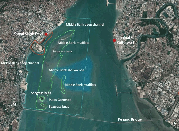 Middle Bank satellite map with a red proposed-reclamation outline near Karpal Singh Drive and labels for USM, Butterworth ferry terminal, Pulau Gazumbo, Penang Bridge and marine habitats.