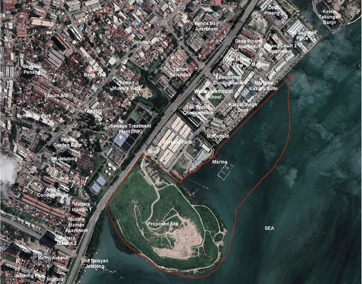 Satellite view of the Jelutong landfill and nearby sea with an approximate red project outline added by the campaign.